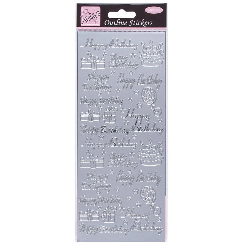 Anitas Stickers And Peeloffs Outline Stickers - Happy Birthday Assorted - Silver 3 Anitas Stickers And Peeloffs Outline Stickers - Happy Birthday Assorted - Silver