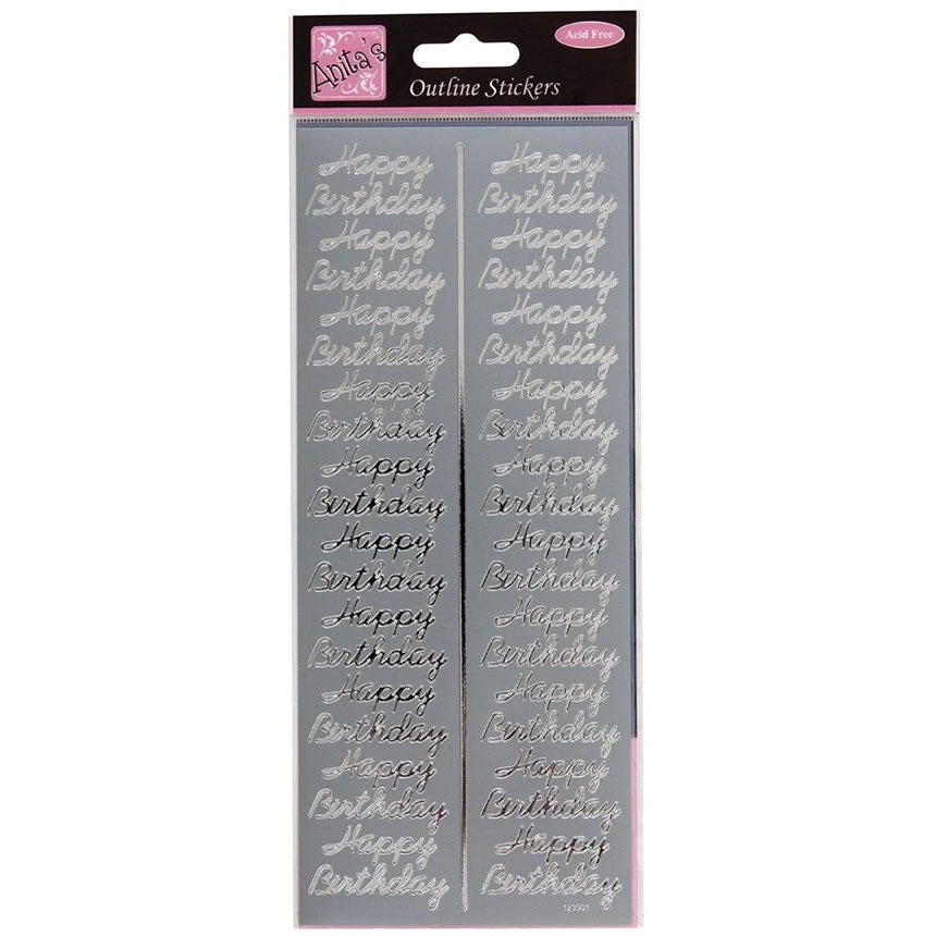 Anitas Outline Stickers - Birthday Repeated - Silver 3 Anitas Outline Stickers - Birthday Repeated - Silver