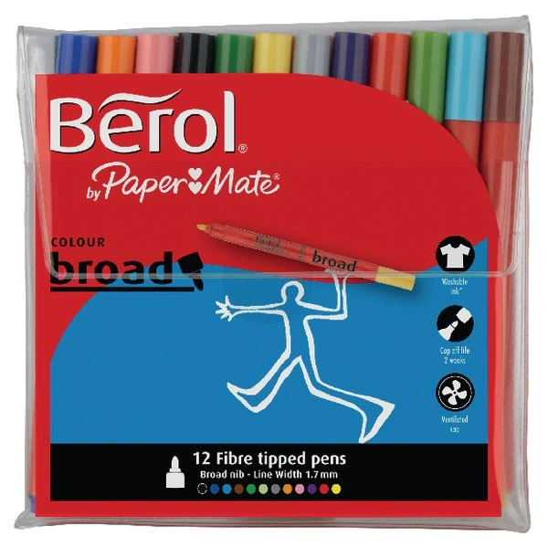 Writing Pens & Pencils Berol Colour Broad Pens Assorted Water Based Ink 3 Writing Pens & Pencils Berol Colour Broad Pens Assorted Water Based Ink