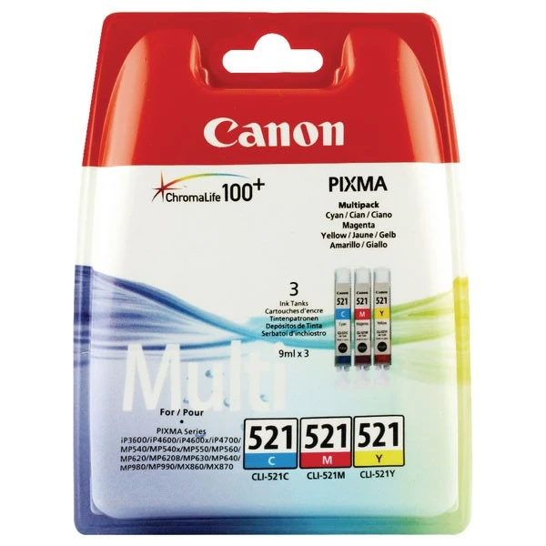 Canon CLI-521 Cyan/Magenta/Yellow Inkjet Cartridges 2934B007 3 Canon CLI-521 Cyan/Magenta/Yellow Inkjet Cartridges 2934B007