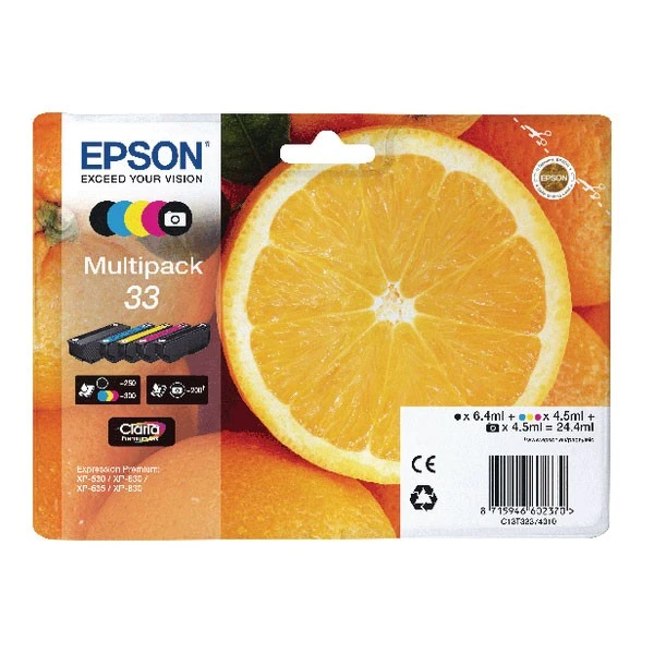 Epson Multipack 33 Non-Tagged Inkjet Cartridges CMYKPhK C13T33374011 3 Epson Multipack 33 Non-Tagged Inkjet Cartridges CMYKPhK C13T33374011