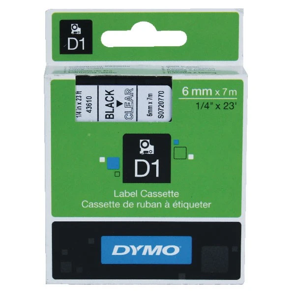 Labels Dymo 43610 D1 LabelManager Tape 6mm X 7m Black On Clear S0720770 3 Labels Dymo 43610 D1 LabelManager Tape 6mm X 7m Black On Clear S0720770