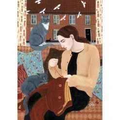 Green Pebble Dee Nickerson - Sewing On Buttons With Two Grey Cats