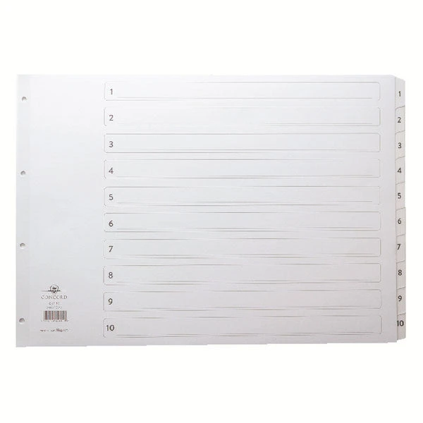 Concord Index 1-10 A3 White Board With Clear Mylar Tabs 04601/CS46 Filing & Folders 3 Concord Index 1-10 A3 White Board With Clear Mylar Tabs 04601/CS46 Filing & Folders
