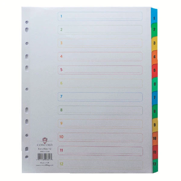 Concord Index 1-12 A4 Extra Wide Multicoloured Mylar Tabs 09801/CS98 3 Concord Index 1-12 A4 Extra Wide Multicoloured Mylar Tabs 09801/CS98